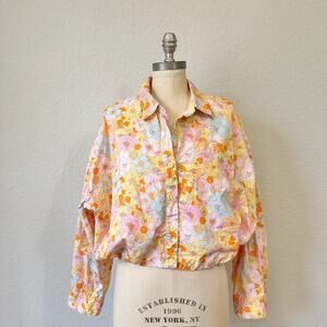 KARLIE Cropped Shirt Multicolor Floral Puff Sleeve Oversized Bohemian